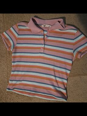Striped Pink Short-Sleeve Polo Top - Casual Knit
